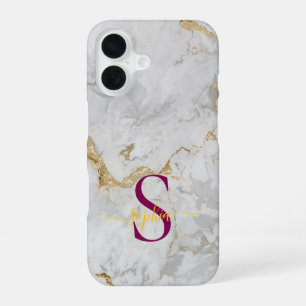 Coque iPhone 16 monogramme pailleté or sur marbre blanc