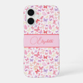 Coque iPhone 16 Monogramme Papillon Rose Violet Jaune Script (Verso)