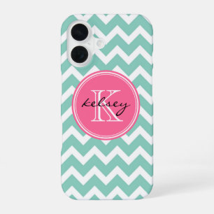 Coque iPhone 16 Monogramme personnalisé Aqua et Pink Chevron
