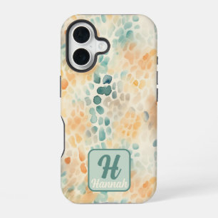 Coque iPhone 16 Monogramme personnalisé aquarelle bleu vert jaune