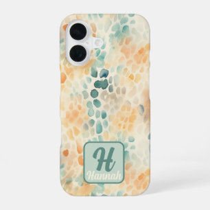 Coque iPhone 16 Monogramme personnalisé aquarelle bleu vert jaune