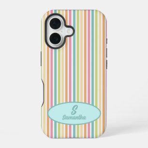 Coque iPhone 16 Monogramme Personnalisé Brillant Pastel Stripes