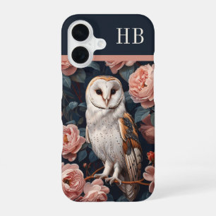 Coque iPhone 16 Monogramme personnalisé Chouette et Roses