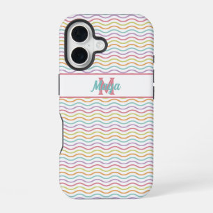 Coque iPhone 16 Monogramme personnalisé Colorful Wavy Stripes Past