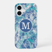 Coque iPhone 16 Monogramme personnalisé éclaboussure bleue (Verso)