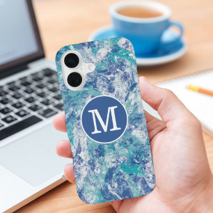 Coque iPhone 16 Monogramme personnalisé éclaboussure bleue 