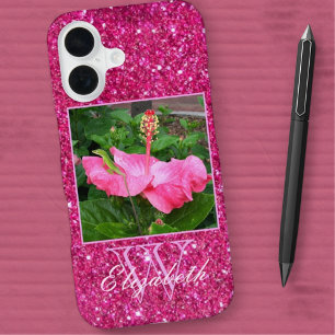 Coque iPhone 16 Monogramme Photo Personnalisé Paillettes Rose Fémi
