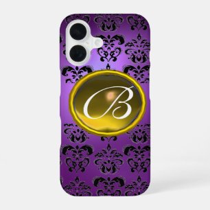 COQUE iPhone 16 MONOGRAMME PIERRE GEMME JAUNE DAMAS NOIR VIOLET
