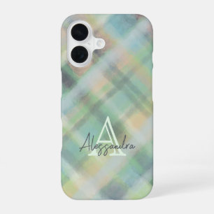 Coque iPhone 16 Monogramme plaid pastel vert gris jaune turquoise