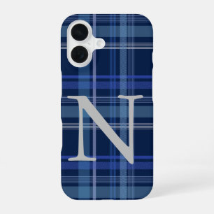 Coque iPhone 16 Monogramme rétro mote Tartan Plaid bleu marine