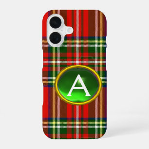 COQUE iPhone 16 MONOGRAMME ROUGE-ÉCOSSE TARTAN ET VERT EN PIERRE G