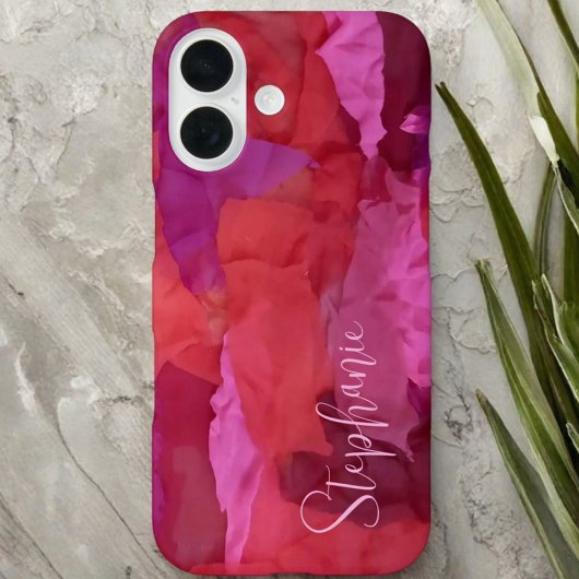Coque iPhone 16 Monogramme rouge rose abstrait nom simple