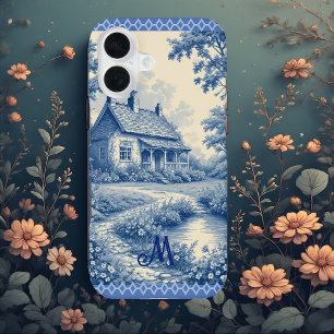 Coque iPhone 16 Monogramme Rustique Cottage Toile de Jouy Bleu Rom