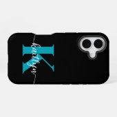 Coque iPhone 16 Monogramme sarcelle noir (Verso Horizontal)