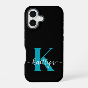 Coque iPhone 16 Monogramme sarcelle noir