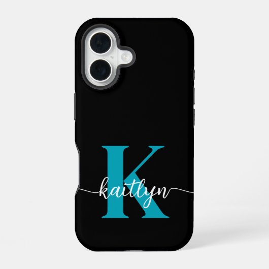 Coque iPhone 16 Monogramme sarcelle noir (Verso)