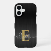 Coque iPhone 16 Monogramme Script Or Noir Métallisé Brossé Moderne (Verso)