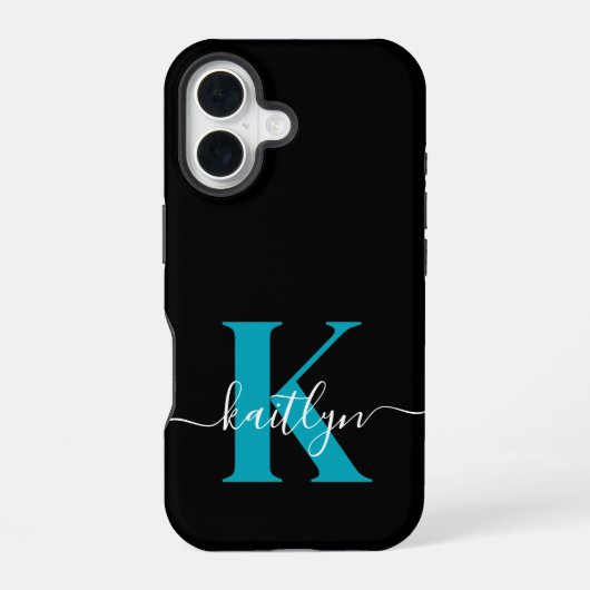 Coque iPhone 16 Monogramme Turquoise noir moderne (Verso)