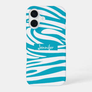 Coque iPhone 16 Monogramme Turquoise rayé Zèbre motif tendance