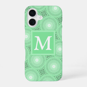 Coque iPhone 16 Monogramme vert ressort cercles motif