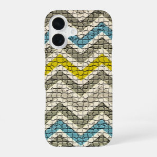 COQUE iPhone 16 MOSAÏQUE BLEUE GRISE JAUNE BLANC CHEVRONS