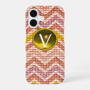 COQUE iPhone 16 MOSAÏQUE CHEVRONS MONOGRAMME GEMME BLANC ROSE JAUN