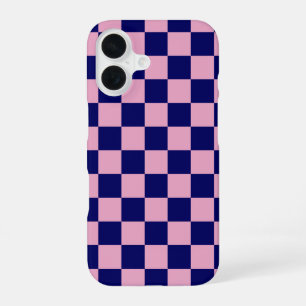 Coque iPhone 16 Motif à carreaux bleu marine et rose clair