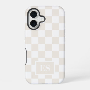 Coque iPhone 16 Motif à carreaux crème et blanc avec monogramme