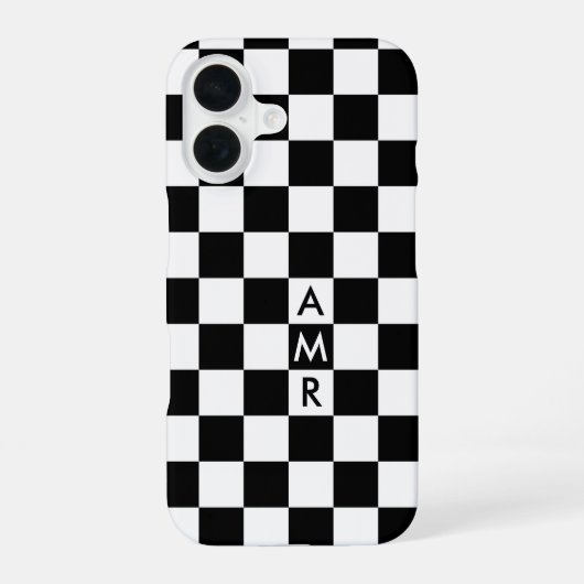 Coque iPhone 16 Motif À damiers noir blanc avec Monogramme (Verso)
