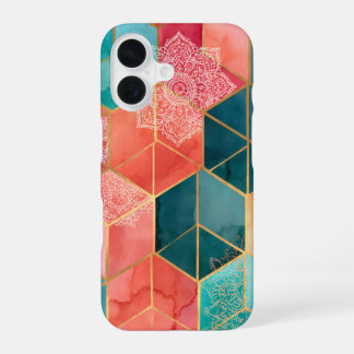 Coque iPhone 16 Motif Bohème Cubes Patchwork Hexagone Coloré