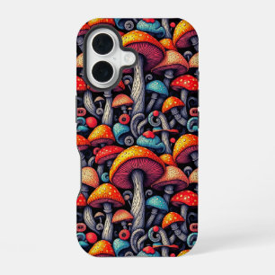 Coque iPhone 16 Motif champignon néon psychédélique