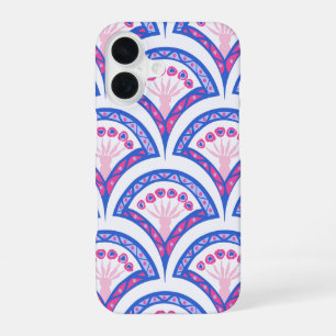 Coque iPhone 16 motif damassé floral bleu