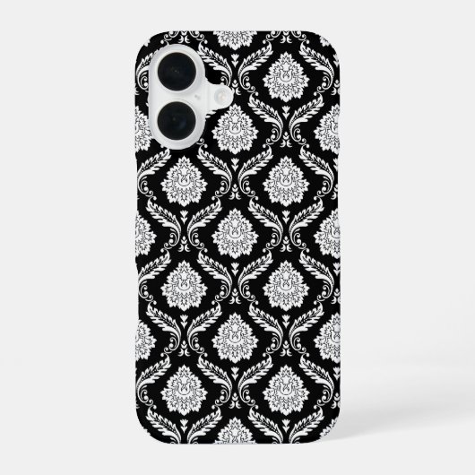 Coque iPhone 16 Motif Damassé Rococo Blanc sur Fond Noir (Verso)