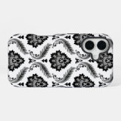 Coque iPhone 16 Motif Damassé Rococo Gris Noir Blanc (Verso Horizontal)