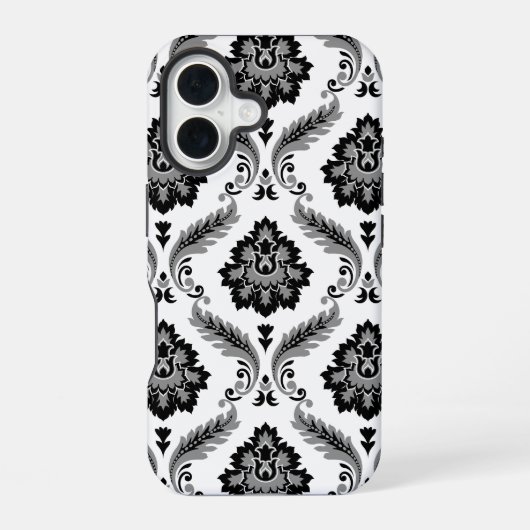Coque iPhone 16 Motif Damassé Rococo Gris Noir Blanc (Verso)