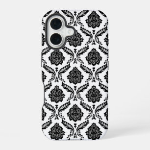Coque iPhone 16 Motif Damassé Rococo Noir sur Blanc