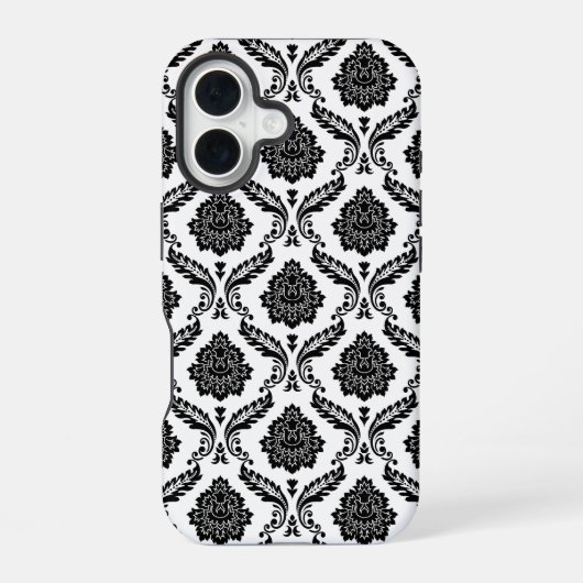 Coque iPhone 16 Motif Damassé Rococo Noir sur Blanc (Verso)