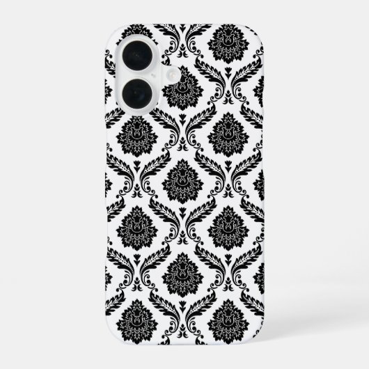 Coque iPhone 16 Motif Damassé Rococo Noir sur Blanc (Verso)