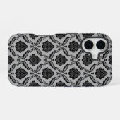 Coque iPhone 16 Motif Damassé Rococo Noir sur Gris (Verso Horizontal)