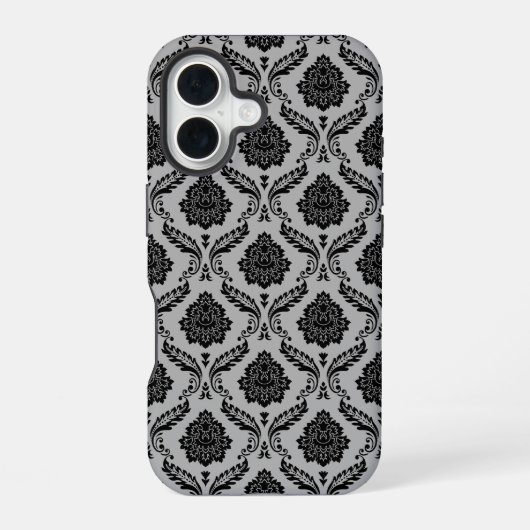 Coque iPhone 16 Motif Damassé Rococo Noir sur Gris (Verso)