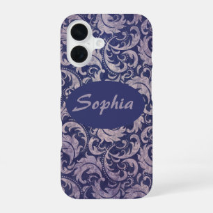 Coque iPhone 16 Motif damassé violet élégant vintage