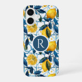 Coque iPhone 16 Motif de citron de style méditerranéen bleu monogr (Verso)