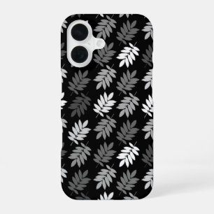Coque iPhone 16 Motif de feuille aînée noir blanc gris