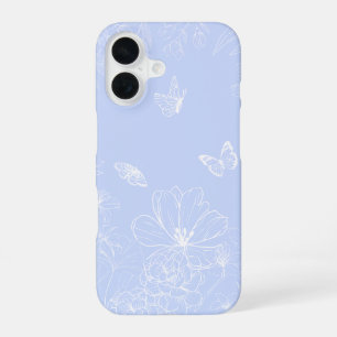 Coque iPhone 16 Motif de fleurs bleu clair, floral, minimaliste