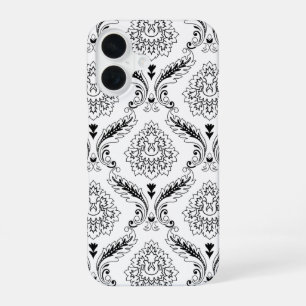 Coque iPhone 16 Motif de ligne damassé rococo noir sur blanc