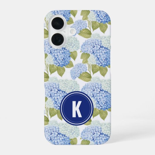 Coque iPhone 16 Motif de monogramme de fleurs d'hydrangea bleue él (Verso)