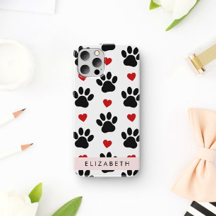 Coque iPhone 16 Motif de pattes, pattes noires, cœurs rouges, votr