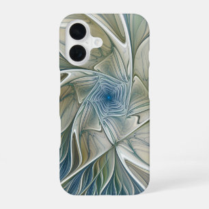 Coque iPhone 16 Motif de rêve floral Abstrait Bleu Kaki Fractal