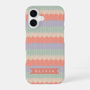 Coque iPhone 16 Motif de tricot pastel scandinave personnalisé Nom