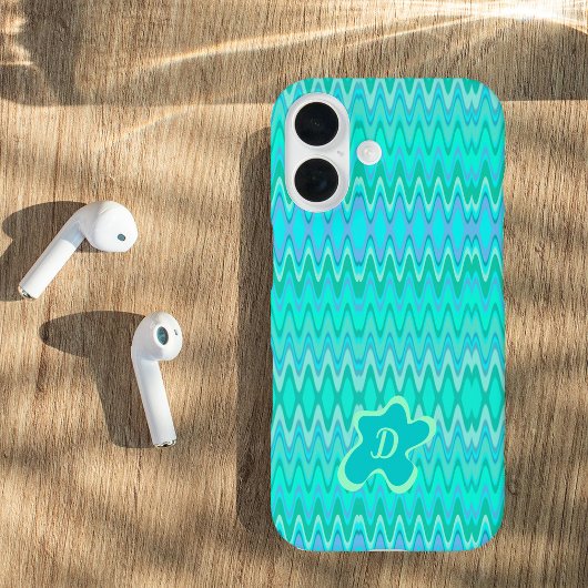 Coque iPhone 16 Motif de zigzag moderne - monogramme turquoise